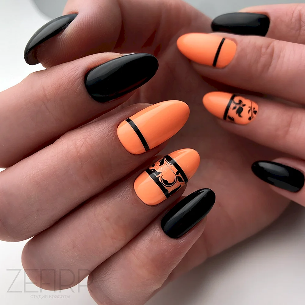Черно оранжевые ногти