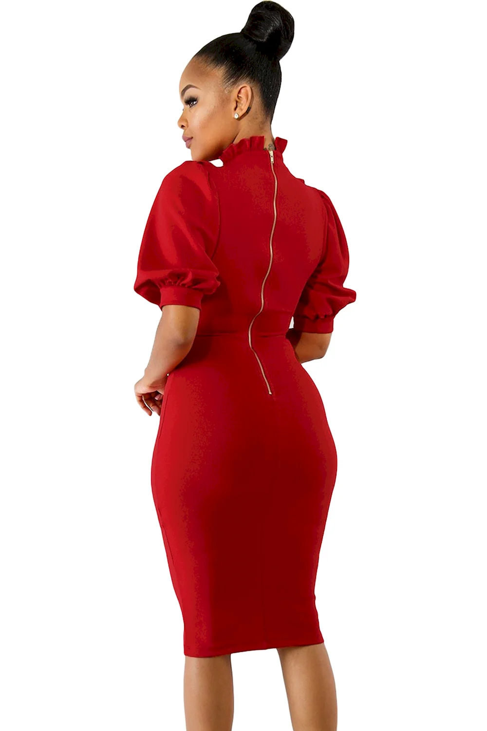 Красное платье футляр с пышными рукавами