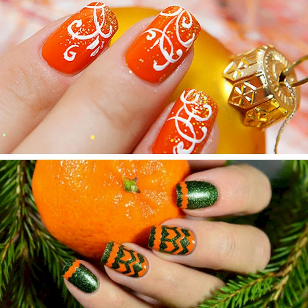Оранжевые новогодние ногти