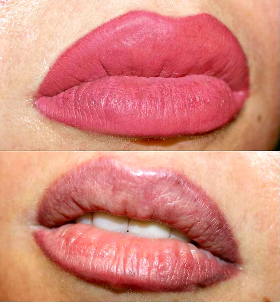 Перментальный макияж губ до и после оттенки