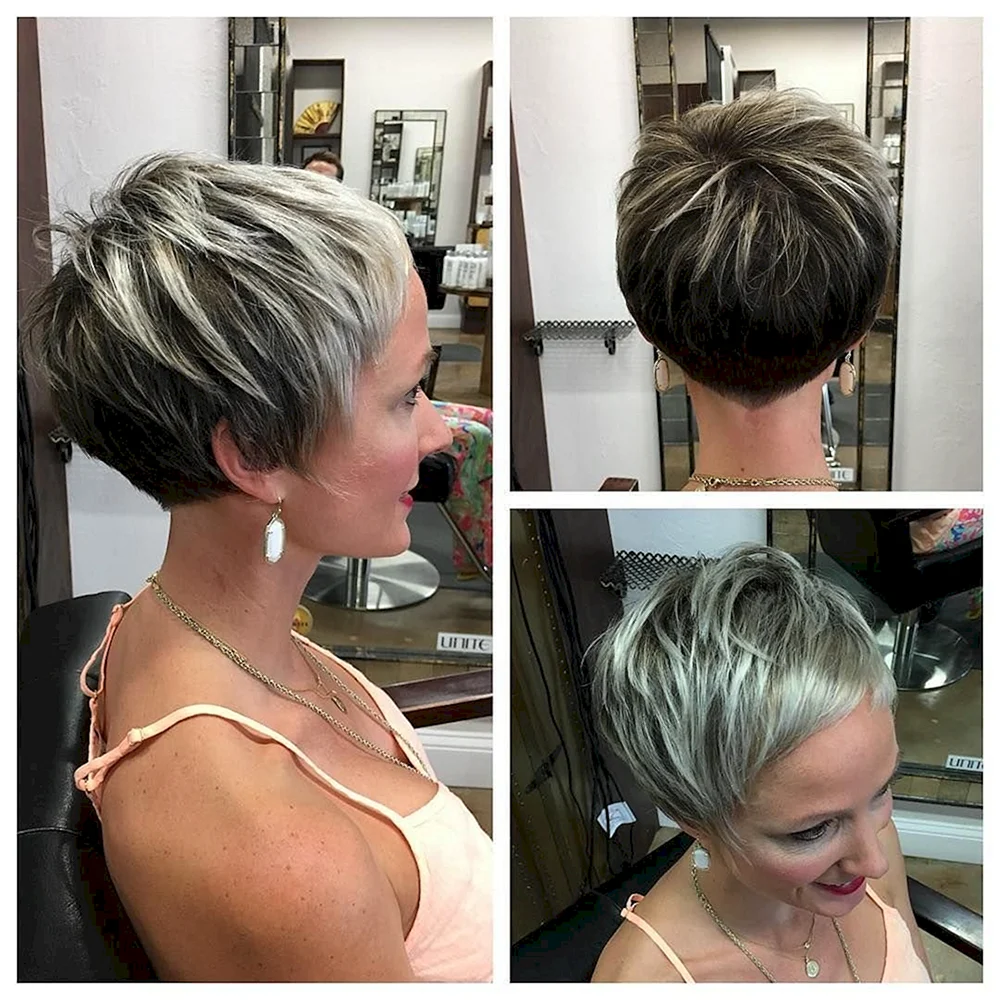 Pixie with Golden blonde Balayage hair Tucked behind Ears