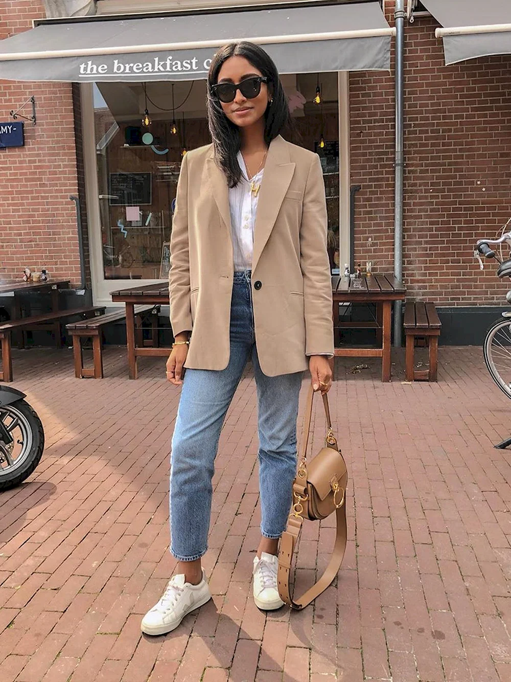 Woman Blazer with Jeans and Sneakers