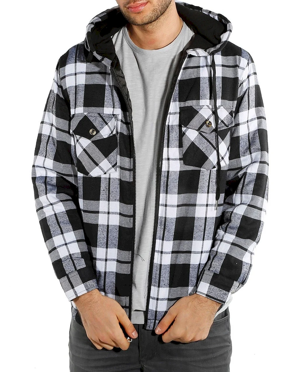 Mens Plaid Flannel Red Jacket with Hood Midweight